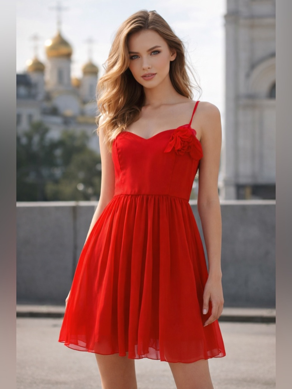 Little red dress Forever 21 with flower detail Sz L